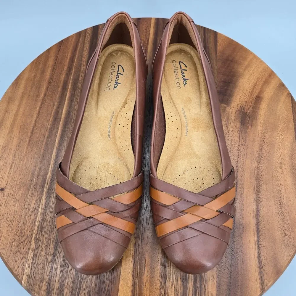 Clarks Flats Women's 8.5M Brown Leather Sara Clover Slip On Career Comfort Shoes